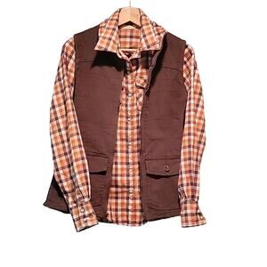 Ascend Plaid Shirt Corduroy Vest Size Small Brown Orange Pearl Snap